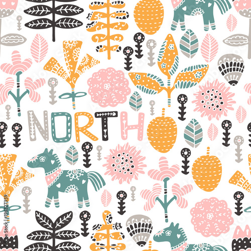 Seamless pattern with horse, flowers and hand-drawn elements. Children's texture. Great for fabric, textile vector illustration