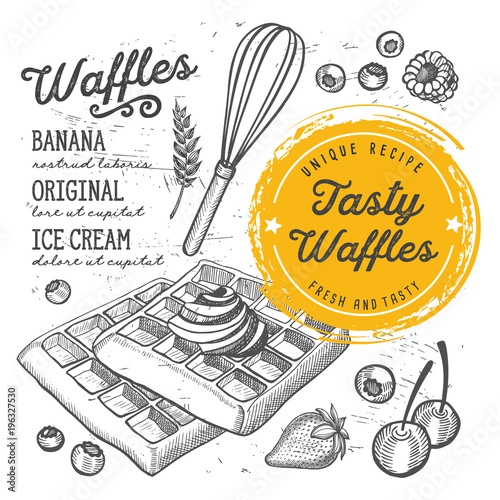 Waffles restaurant menu. Vector dessert food flyer for bar and cafe. Design template with vintage hand-drawn illustrations.