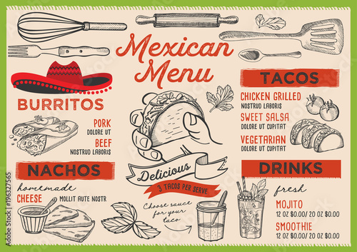 Mexican restaurant menu. Vector food flyer for bar and cafe. Design template with vintage hand-drawn illustrations.
