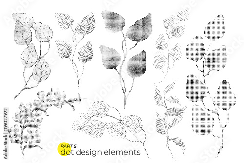 Fototapeta Naklejka Na Ścianę i Meble -  Universal trend dotty leaves set. Dotted bright bold elements co