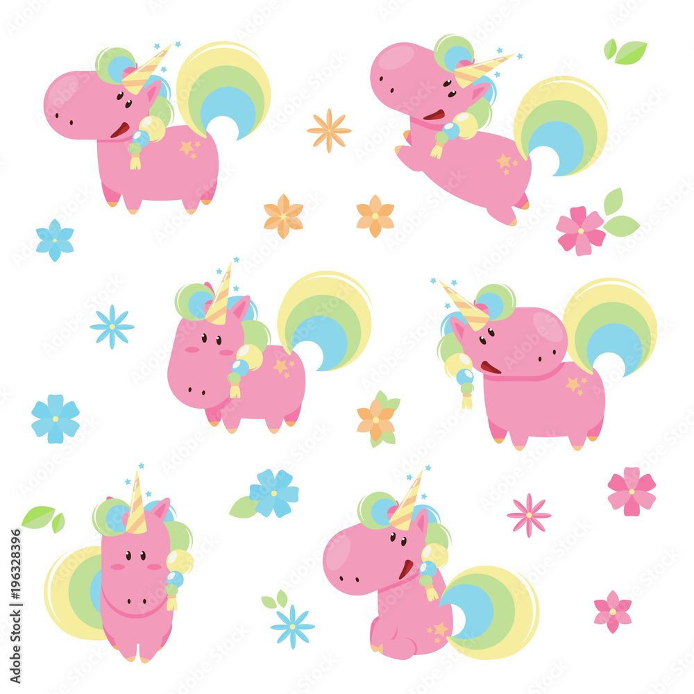 Vector illustration of cute pink unicorns in different poses