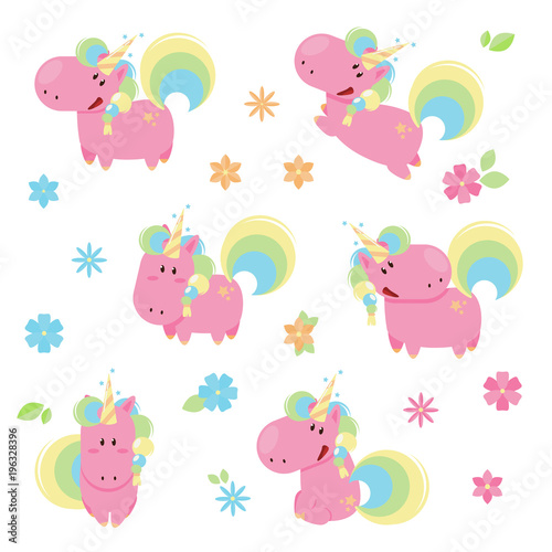 Vector illustration of cute pink unicorns in different poses