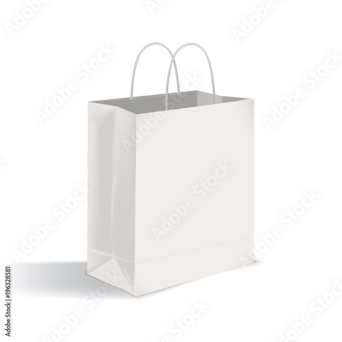 Blank flat bottom takeout bag with twisted handles. Clean paper packaging isolated on white background. Mock-up. Realistic vector illustration for advertisement, company identity representation.