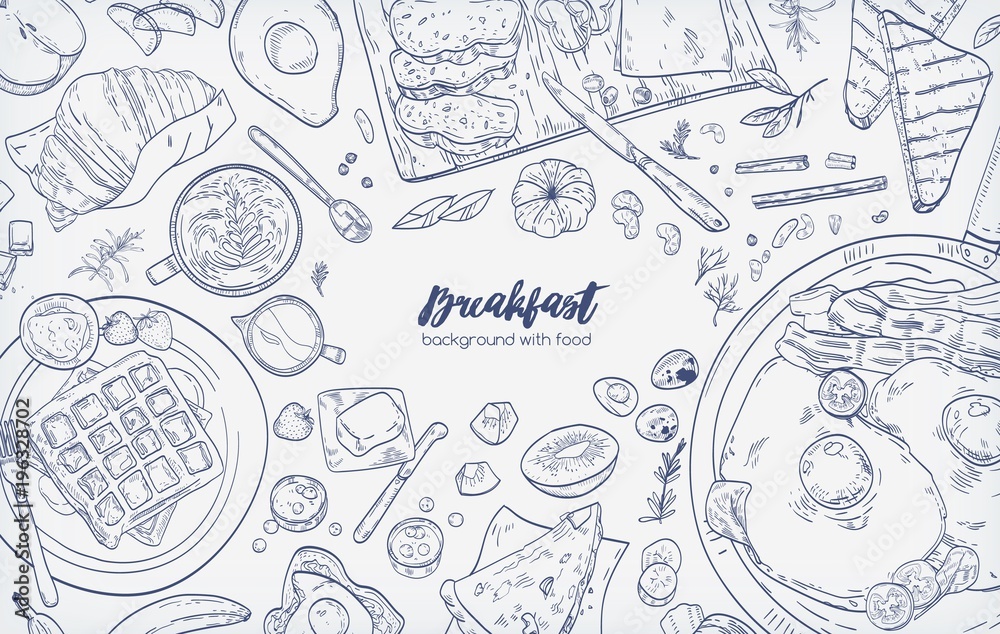 Monochrome horizontal banner with various healthy morning food and breakfast meals hand drawn with contour lines on white background - fried eggs with bacon, toasts, waffles. Vector illustration. Monochrome horizontal banner with various healthy morning food and breakfast meals hand drawn with contour lines on white background - fried eggs with bacon, toasts, waffles. Vector illustration.