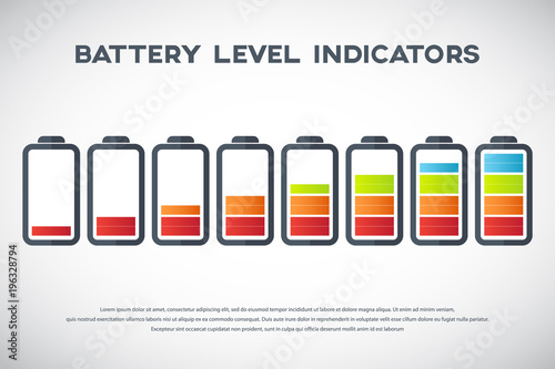 Illustration of battery level indicators. Battery life, accumulator, battery running low, battery recharging vector.