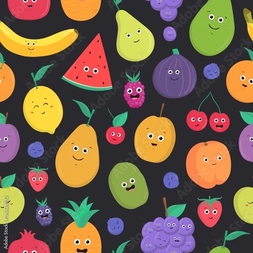 Bright colored seamless pattern with cute fresh exotic tropical fruits and be...