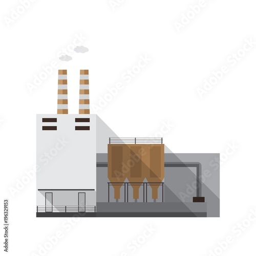 Industrial factory building with pipes emitting gas isolated on white backgro...
