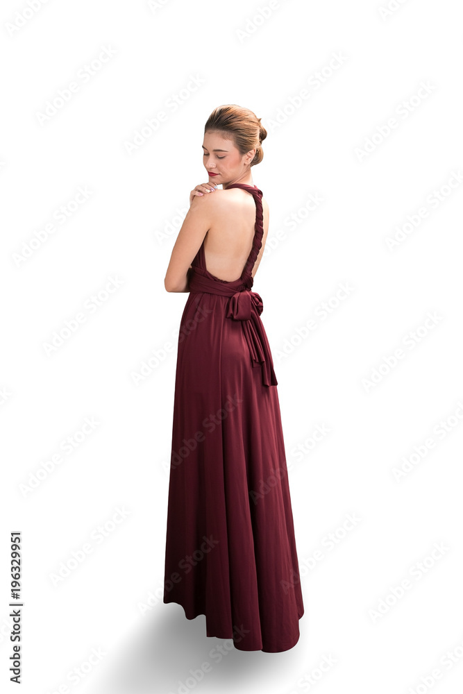 Fashion studio portrait of model woman in elegant dress, isolated white bakcground, Clipping path