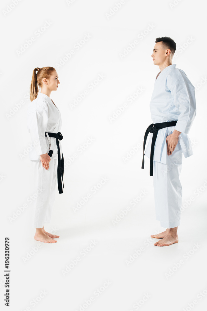 karate fighters standing and looking at each other isolated on white karate fighters standing and looking at each other isolated on white