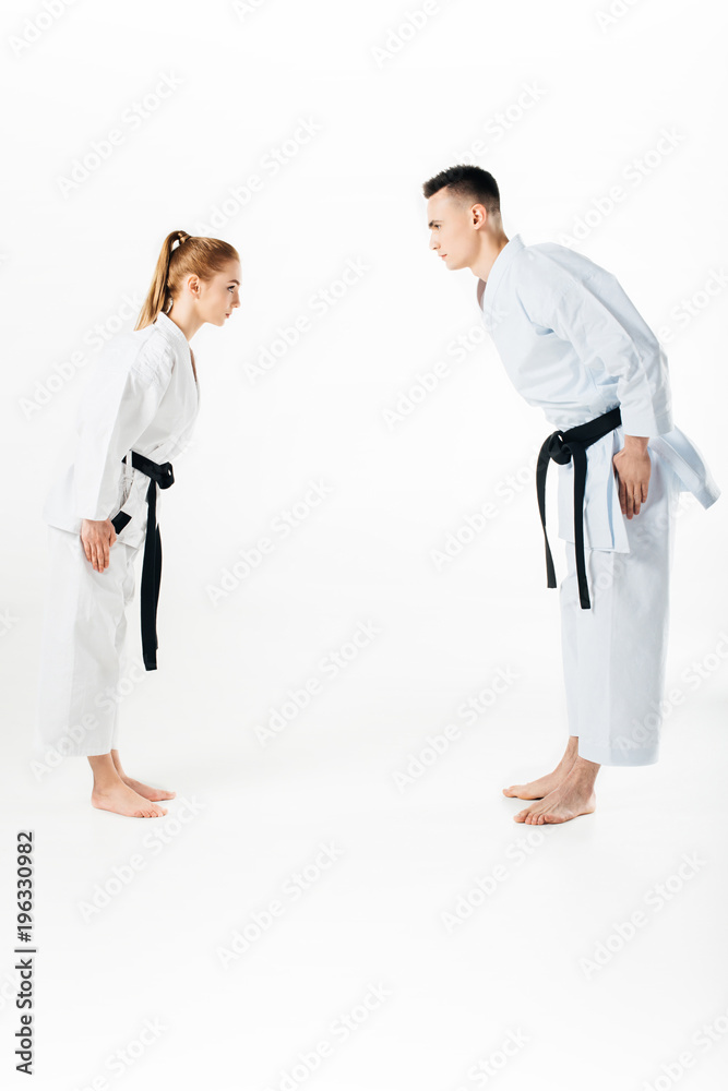 karate fighters greeting each other isolated on white karate fighters greeting each other isolated on white