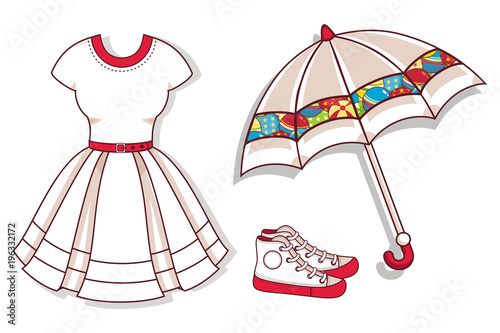 Vector mockup. White dress, sneakers, umbrella.