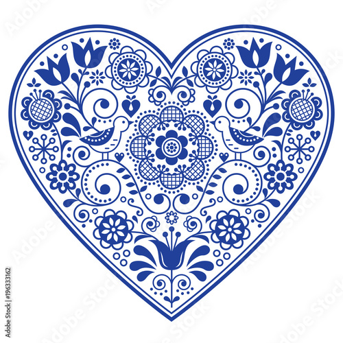 Scandinavian folk heart vector design, Valentine's day, birthday or wedding greeting card, floral pattern in navy blue