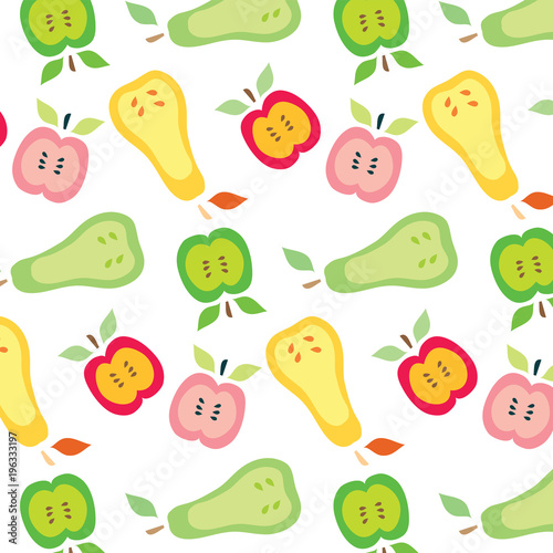 Pears and apples vector pattern illustration green  red  orange and yellow colors on a white background