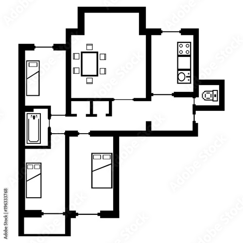 Black and White architectural plan of a house. Layout of the apartment with the furniture in the drawing view. With kitchen and bathroom, living room and bedroom.