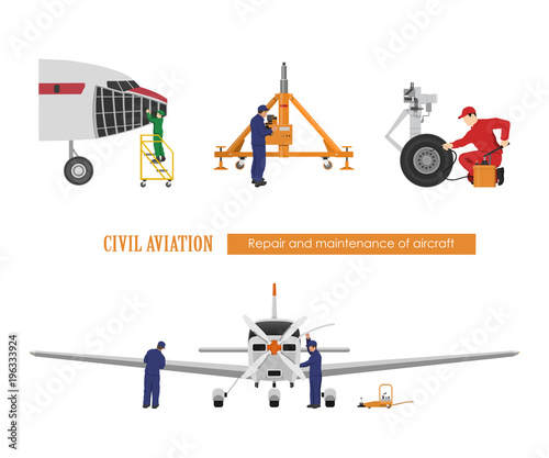 Repair and maintenance of aircraft. Engineers repairing airplane. Industrial drawing. Plane hangar. Vector illustration