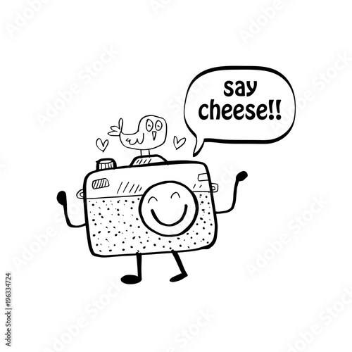 Say cheese text balloon with cute cartoon camera