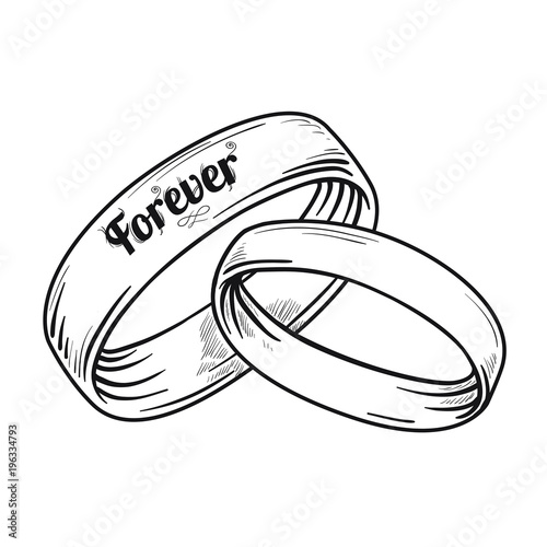 Vector Pair of traditional golden wedding rings. Realistic hand drawing of rings. Black and white version. Symbol of eternal love. Sketch style illustration isolated on white background.