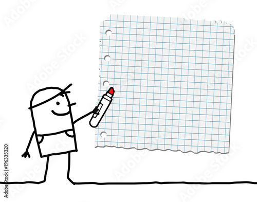 Cartoon Boy with Marker and Blank School Paper