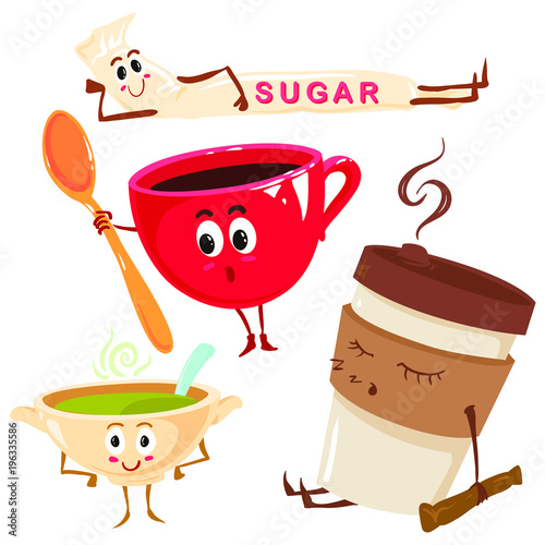 Set of funny sleeping coffee, tea cup, cup of soup, mr. sugar, cartoon style vector illustration isolated on white background. Cute mug, cups with tea, coffee, sugar, soup.