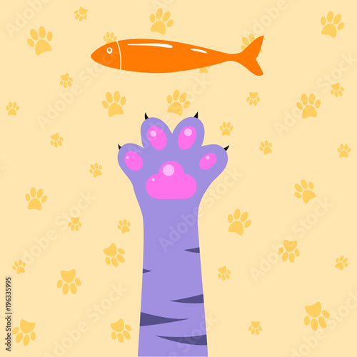 Vector flat wiolet cat leg with wiolet paw and orange paws pattern background photo