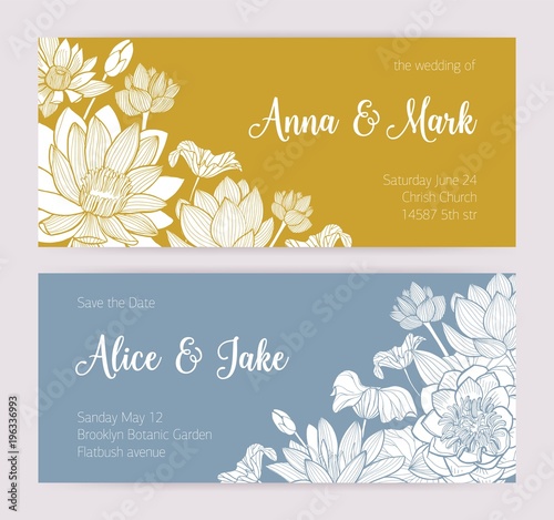 Elegant wedding invitation or Save the Date card templates with beautiful blooming lotus flowers hand drawn with contour lines on yellow and blue backgrounds and place for text. Vector illustration.
