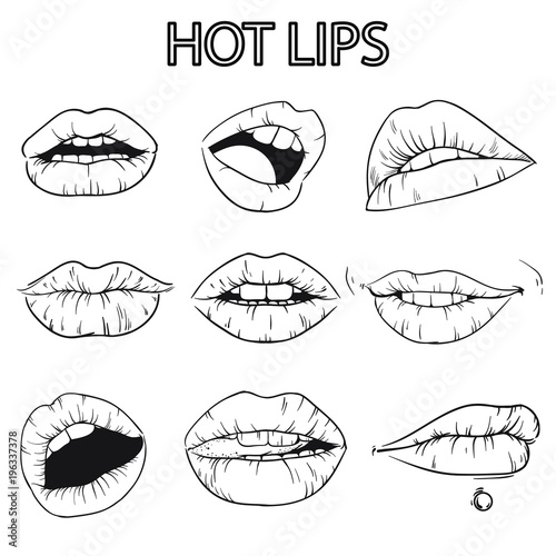 Vector Set of lips. Isolated on white background. Black and white version.