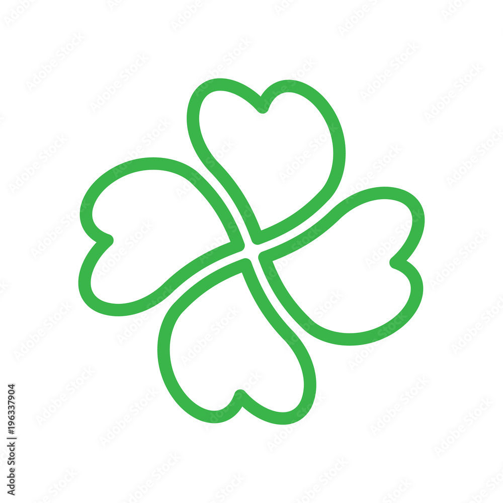 Shamrock - green four leaf clover icon. Good luck theme design element. Simple twisted green outline shape vector illustration.
