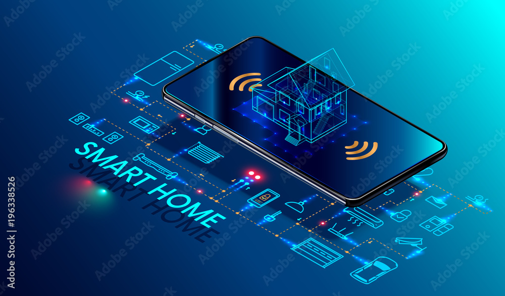 Smart home controlled smartphone. Internet of things technology of home  automation system. Small house standing on screen mobile phone and wireless  connections with icons home electronics devices. iot Stock Vector | Adobe