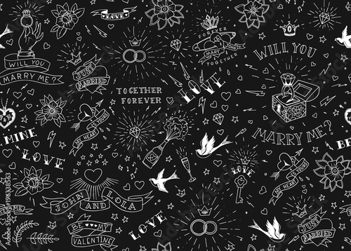 Old school tattoos seamles pattern with birds, flowers, roses and hearts. Love and wedding theme. Black and white traditional tattoo design. Vector illustration.