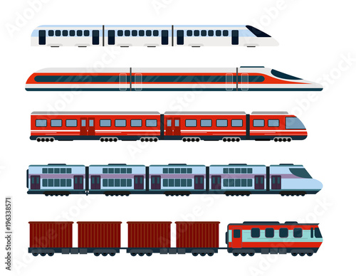 Vector illustration set of modern passenger trains. Subway transport, high speed trains and underground train. Metro train in flat style. photo