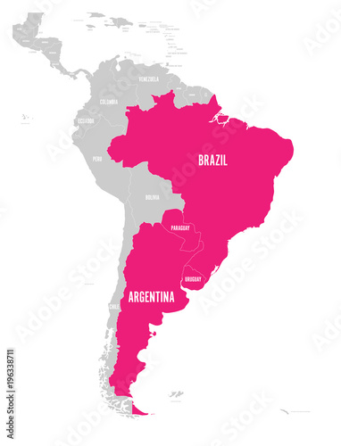 Map of MERCOSUR countires. South american trade association. Pink highlighted member states Brazil, Paraguay, Uruguay and Argetina. Since December 2016.