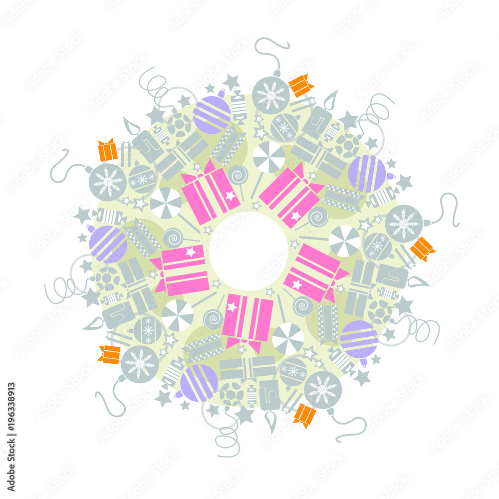 Christmas pastel wreath with many toys and presents. Isolated on white background.