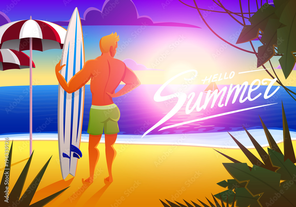 Surfer on the ocean beach at sunset with surfboard. vector illustration, vintage effect. sports man on weekends, healthy lifestyle.