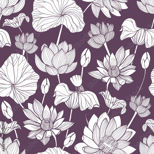 Fototapeta Naklejka Na Ścianę i Meble -  Romantic seamless pattern with tender blooming lotus hand drawn with contour lines on purple background. Backdrop with exotic flowers, buds and leaves. Floral vector illustration for fabric print.