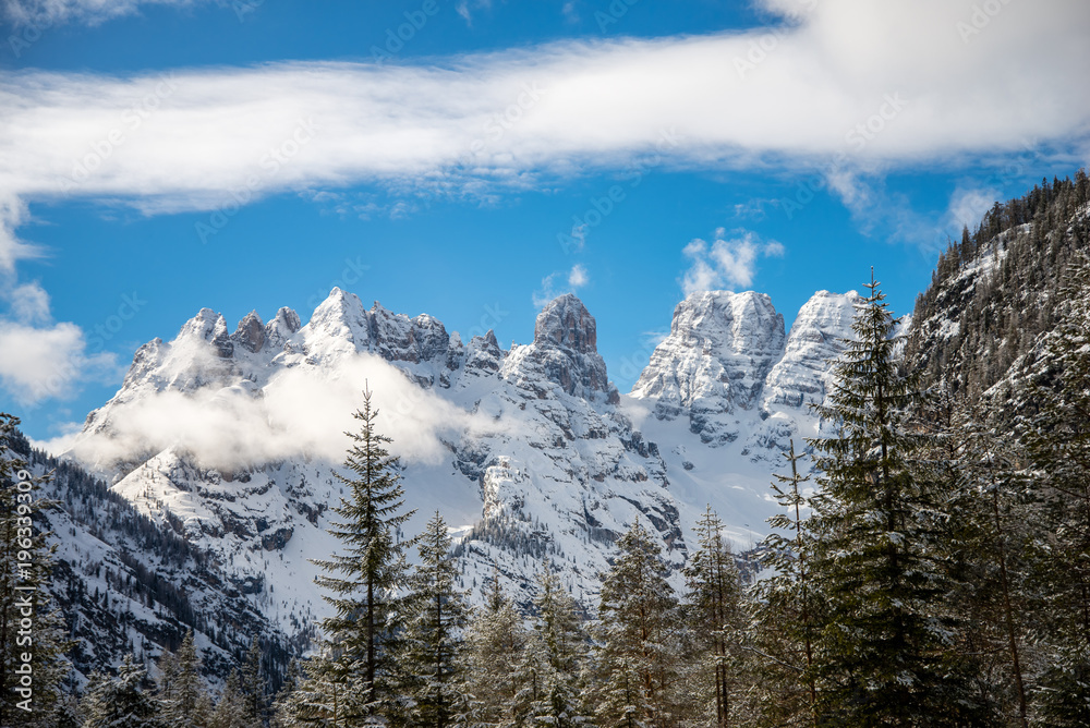 Beautiful peaks of snowy mountains in the Italian Alps, Drei Zinnen Dolomites