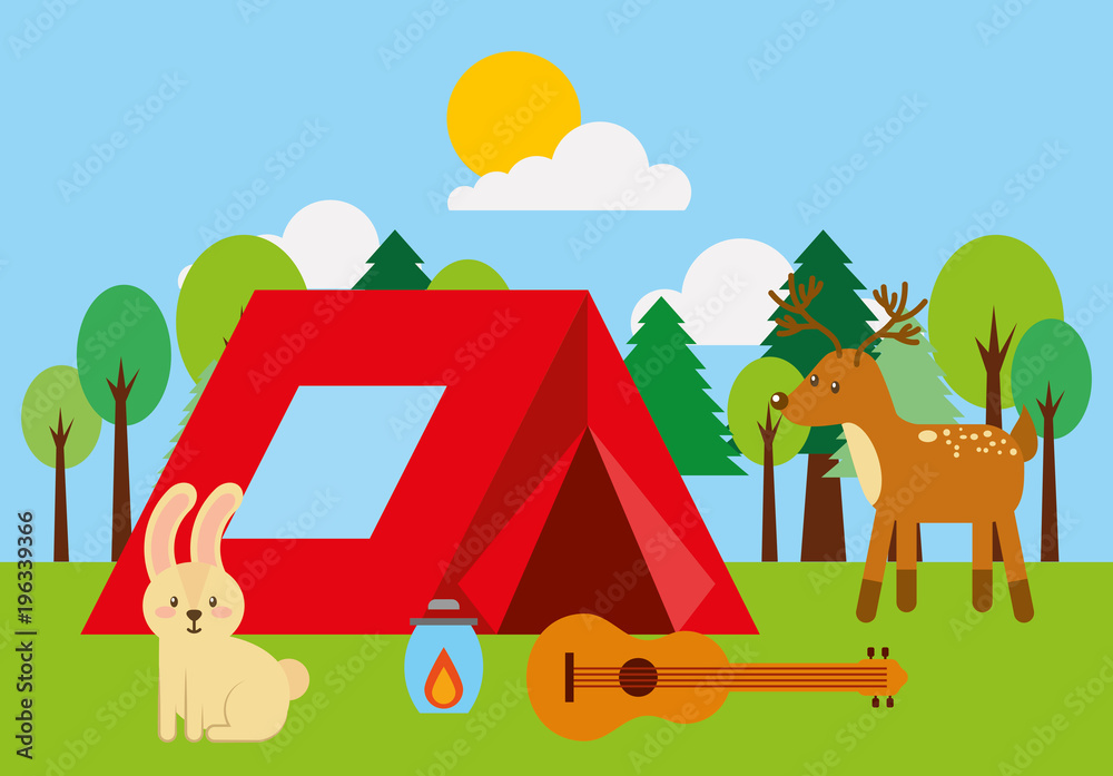 forest outdoor camp tent guitar bunny and deer animals vector illustration forest outdoor camp tent guitar bunny and deer animals vector illustration