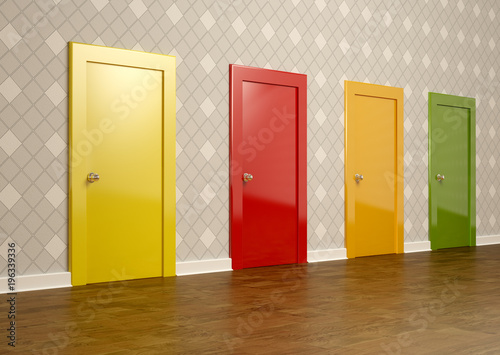 3D rendering of colored doors in a room representing the concept of choice