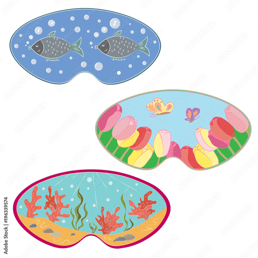 A set of masks for sleeping. Flower field, underwater world and sleepy fish