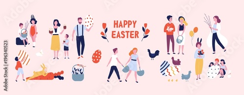 Crowd of people carrying large decorated easter eggs, cakes, baskets, flowers and pussy willow branches, playing children dressed in rabbit costumes. Flat cartoon colorful vector illustration.