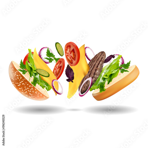 Realistic delicious 3D burger with flying ingredients isolated on white background. Fast Food Vector illustration