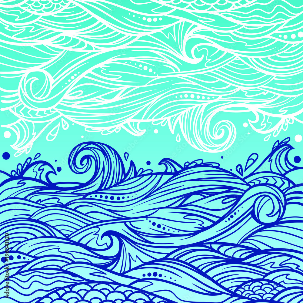 Vector vintage and ethnic waves of sea and ocean.