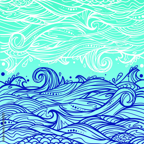 Vector vintage and ethnic waves of sea and ocean. © KoDIArt