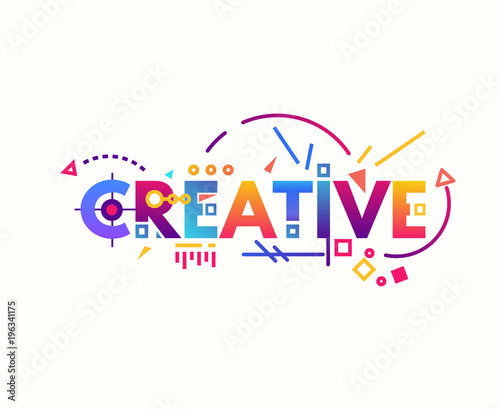 Creative text banner concept. Thin and thick lines illustration. Circles and squares with gradient. Geometric text and letters, abstract shapes. Linear modern, trendy vector banner.