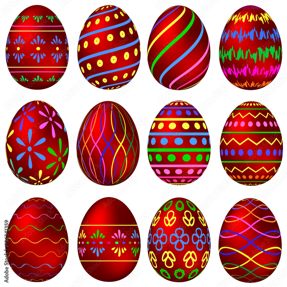 A set of red Easter eggs with colorful patterns