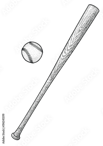 Baseball bat, ball illustration, drawing, engraving, ink, line art, vector