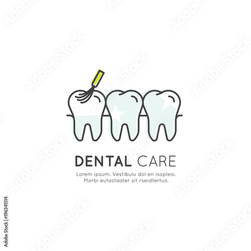 Vector Icon Style Illustration Logo Badge or Dental Air Flow Teeth Cleaning Aftercare, Calculus Removing, Applying Treatment Gel with Brush, Aesthetics, Orthodontist, Isolated Web Element