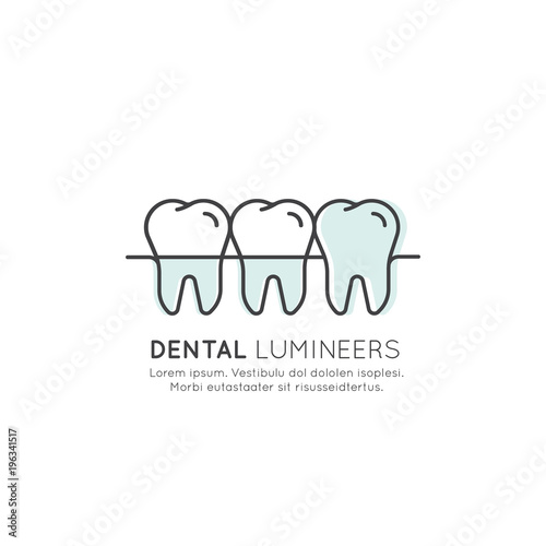 Isolated Vector Style Illustration Logo Badge or Dental Tooth Veneer and Lumineer Installation Process, Aesthetics, Orthodontist, Modern Web Element