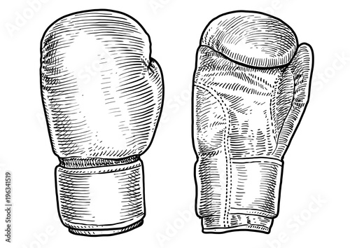 Boxing gloves illustration, drawing, engraving, ink, line art, vector