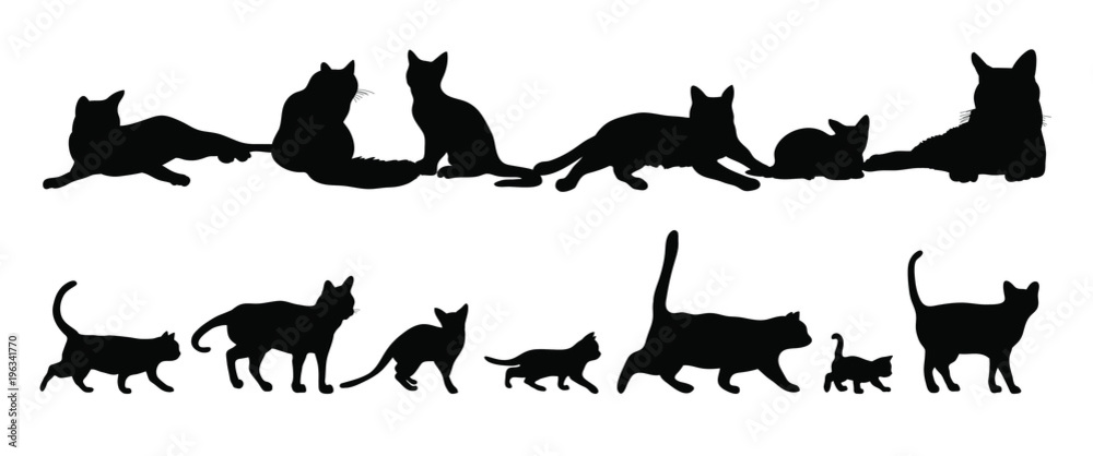 Set of silhouettes of the cats vector illustrations - Black cats - Isolated on white background　黒猫のベクター素材