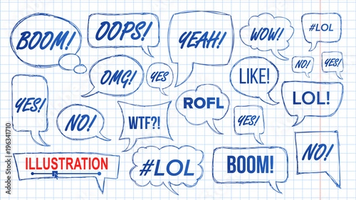 Lol Speech Bubbles Skech Set Vector. Fun Symbol. Emotion. Facial Expression. Expressions Hand Drawn Lol Stickers. Teen Slang Abbreviations. Illustration